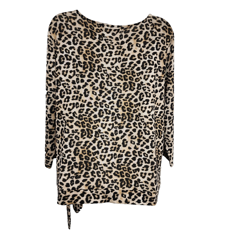 Chico's Womens Top Leopard Print Side Tie Round Neck Knit 3/4 Sleeve Large Brown - Picture 2 of 11